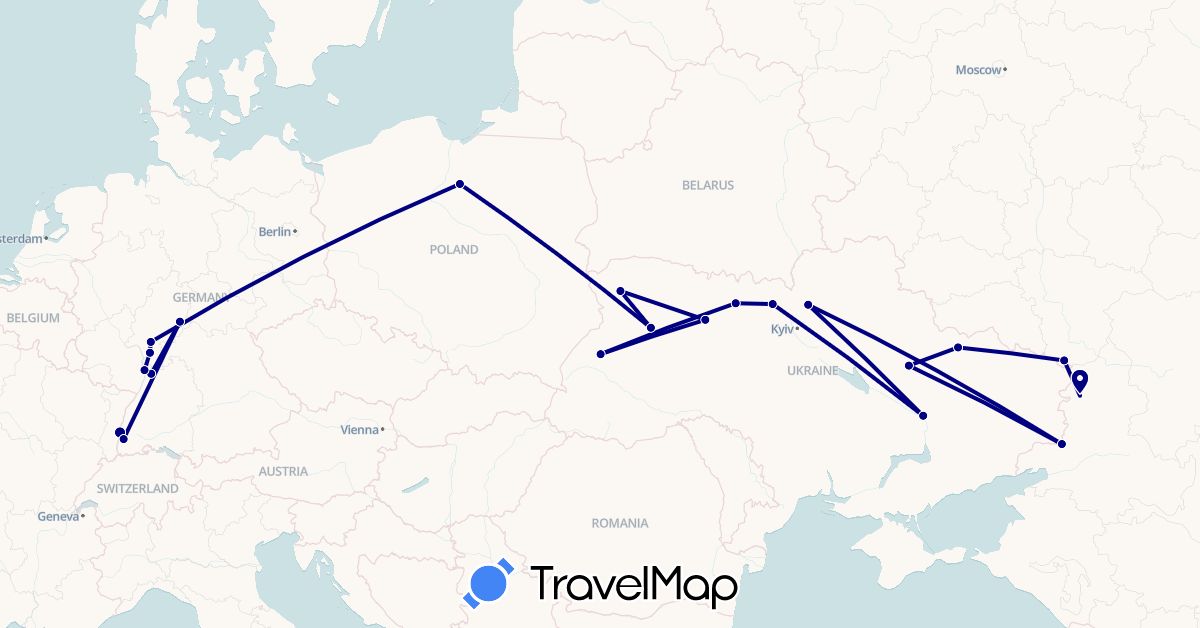 TravelMap itinerary: driving in Germany, Poland, Russia, Ukraine (Europe)